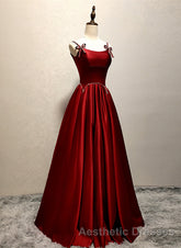 Wine Red Satin Straps Round Neckline Party Dresses, Wine Red Long Evening Prom Dresses